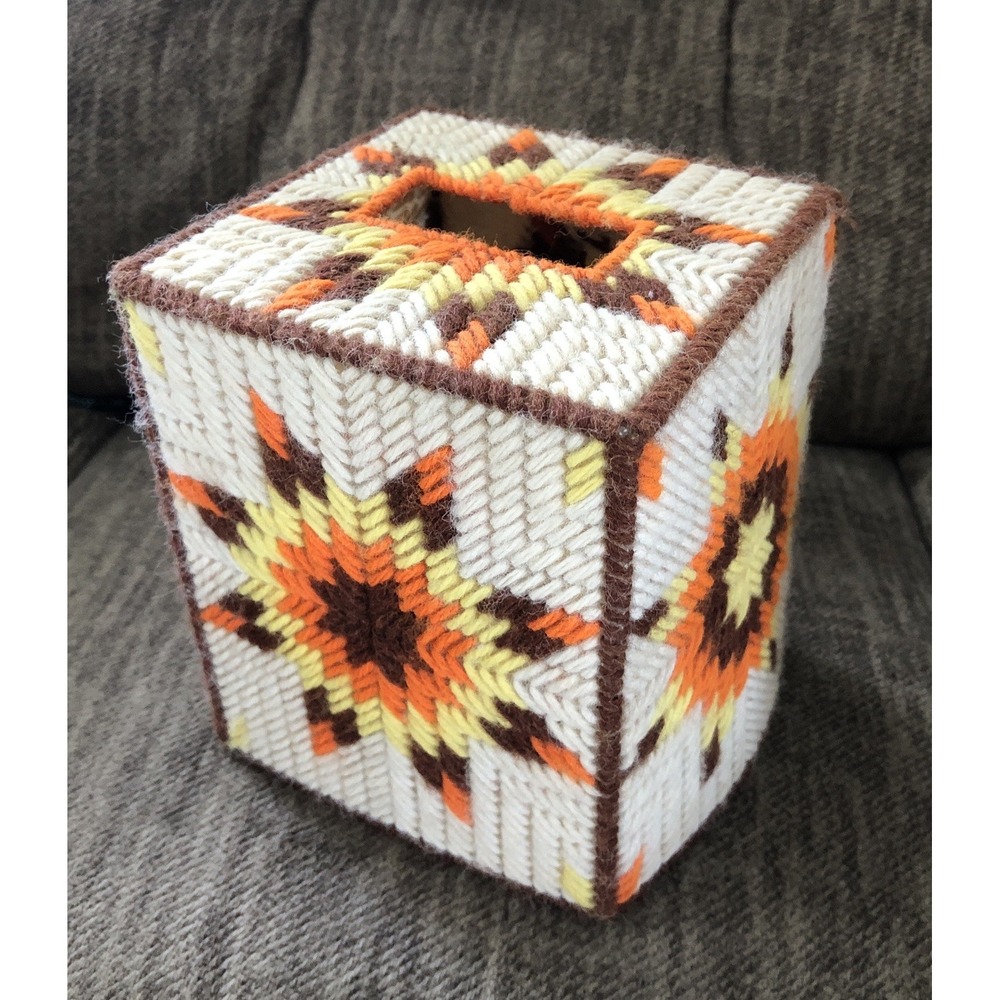 VTG Tissue Box Cover 70s Plastic Canvas Handmade Orange Stars